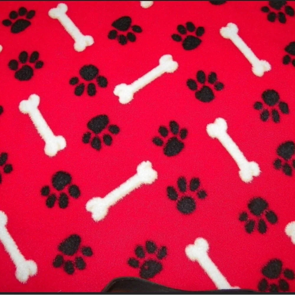 Dog Blanket Red with Black Paws White Bones Double Fleece size L-XL. 29”x34”